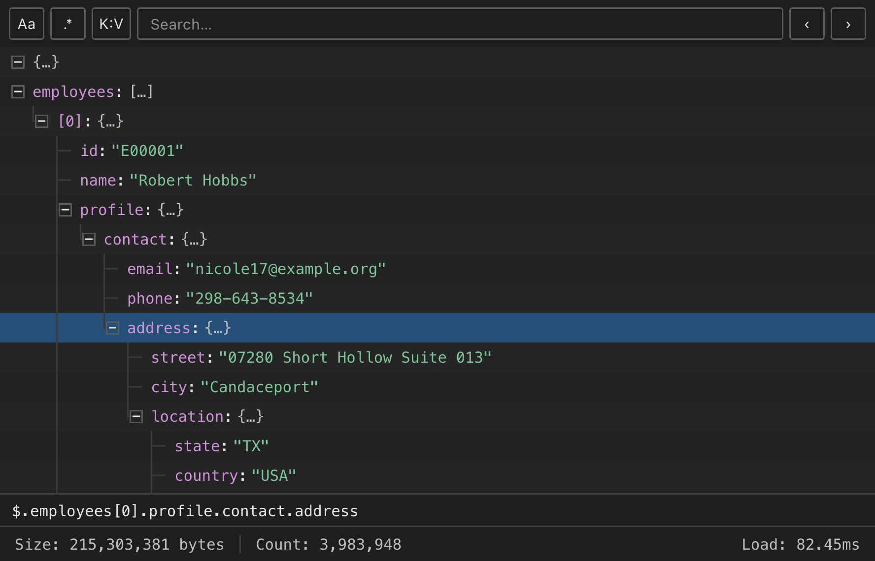 JsonBolt window showing a JSON tree with type-colored values, a selected node, and its JSONPath in the path bar